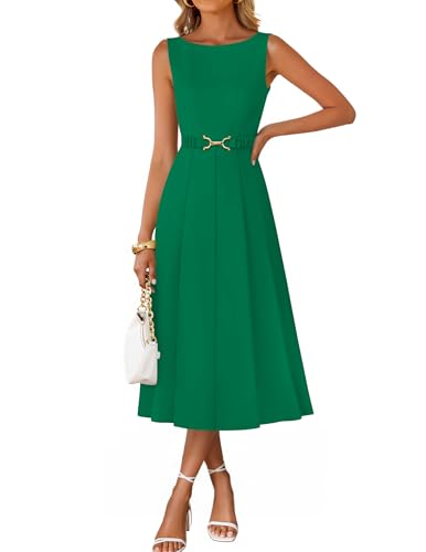 Image of ZESICA Women Summer Sleeveless Midi Dresses 2026 Elegant Boat Neck A Line Tie Waist Spring Cocktail Party Dress