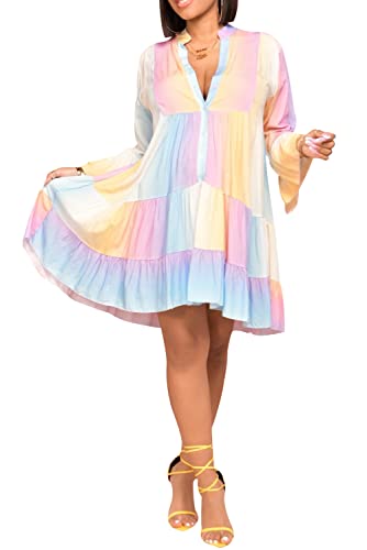 Image of FairyLove Women Wedding Ruffle Dresses Flowy Puffy with Deep V Neck Pleated Hem Lantern Long Sleeve Bell Sleeves