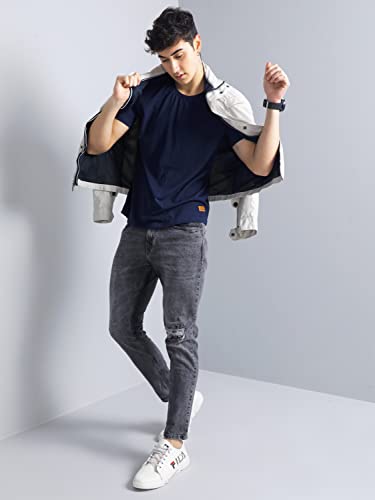 Image of PAUL STREET Men's Navy Pure Cotton Round Neck Solid Slim Fit T-Shirt