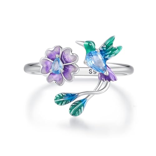 Delicate CZ Bird Flower 925 Sterling Silver Ring for Women Birthday Wedding Spring Statement Hummingbird Daisy Open Wrap Finger Rings Comfort Fit Adjustable Cute Jewelry Gift