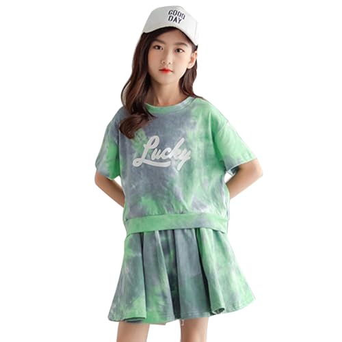 Tilozs Mädchen Trainingsanzug Kinder Jogginganzug Rundhals-Sweatshirt Schnelltrockend Sommer Freizeit Anzug, Grün, 134-140(Herstellergröße:140)