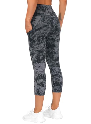 Image of THE GYM PEOPLE Thick High Waist Capris Yoga Pants with Pockets, Tummy Control Workout Running Yoga Leggings for Women