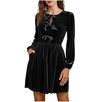 Womens Tie Front Velvet Dress Elastic High Waist Mini Babydoll A Line Long Sleeve Christmas Party Holiday Dresses