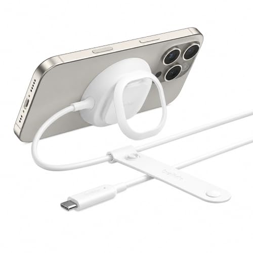 Image of Belkin MagSafe Qi2.2 25W Wireless Charger, Fast Wireless Charging Pad with Kickstand - White | Qi2 25W fast charging with ChillBoost cooling, 2m cable, kickstand, built-in finger loop, 85% recycled plastic housing