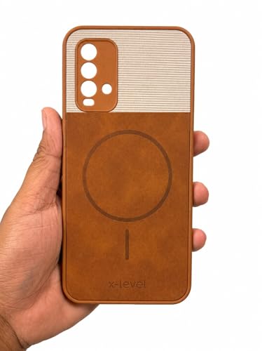 Image of Bintage Mac Safe Design Hard Slim Back Case | Soft Border Camera Protect | Dual PU Leather Finish Back Cover Compatible for Mi Redmi 9 Power 4G - White & Brown