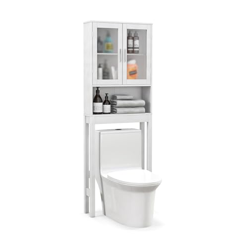COSTWAY Scaffale da Bagno sopra il WC, Armadietto Sopra Water con 2 Ante in Vetro e Ripiano Aperto, Armadietto Sopra Gabinetto con Ripiano Interno Regolabile su 3 Livelli, 58 x 19 x 170 cm