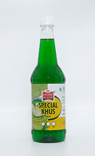 Image of RK Home Made Natural Syrup | Special Khus Concentrated Syrup (750ML) | Gluten-Free 100% Vegan & Low Fat Summer Drink Mix | Refreshing Khus Sharbat Syrup for Milk, Mocktails, Falooda,Desserts & Beverages