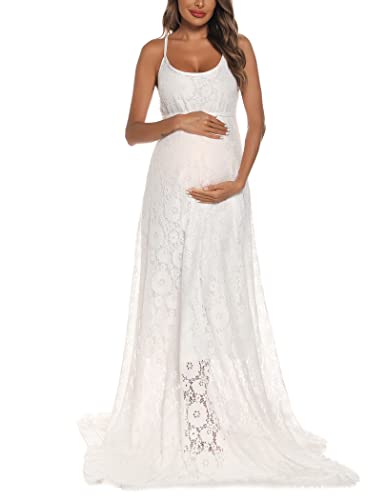 Cosyou Maxi Lace Gown Ball Dresses Mermaid Baby Shower Dress White Lace Wedding Party Dress Pregnancy Dresses For Photoshoot (M, White) #TOP5