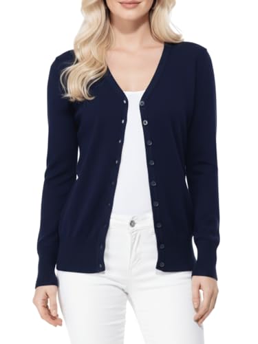 Image of YEMAK Women's Knit Cardigan Sweater - Long Sleeve V-Neck Basic Classic Casual Button Down Knitted Soft Lightweight Top