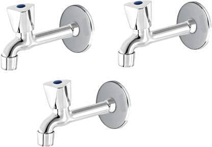 SPAZIO Stainless Steel Trio Collection Long Body Bib Cock Tap Bathroom Tap Foam Flow Water with Wall Flange Chrome Plated, Brass Disc, Pack of 3