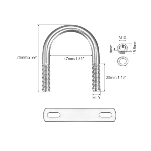 Image of uxcell Round U-Bolts, 2 Sets 47mm(1.85 inch) Inner Width 76mm Length M10 304 Stainless Steel U Clamp Bolt with Nuts Washers and Plates, for Boat Trailer