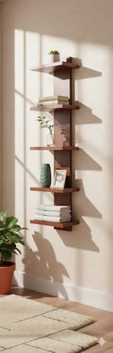Image of Captiver Donald Wooden Wall Mounted Books Shelf Racks Stands (5 Tier,Teak) Home Decor Library Bedroom Room Designer Floating Self Kitchenaid Stylish Multipurpose Storage Accessories