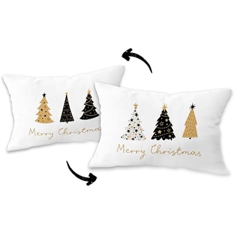 FLDAS White Christmas Pillow Covers 12x20, Christmas Tree Pillow Cases, White Christmas Winter Decor, White Black Gold Merry Christmas Tree Reversible Pillows Decorative Throw Pillows Cover Cover