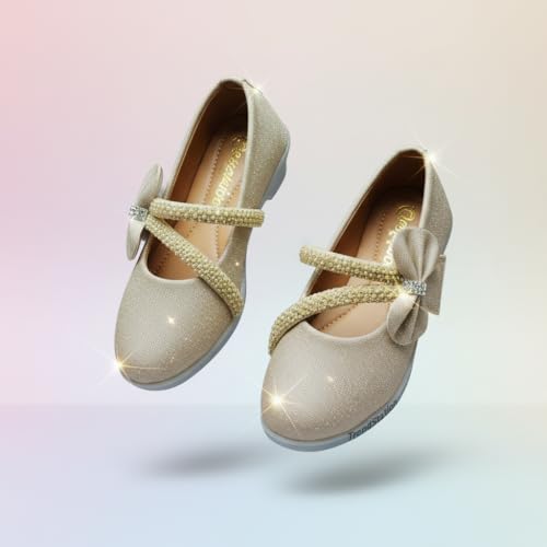 Image of Girls' Patent Mary Jane Shoes with Floral Embellishment, Attractive Colour's, Pearl Flower Welcro Glittery Bellies