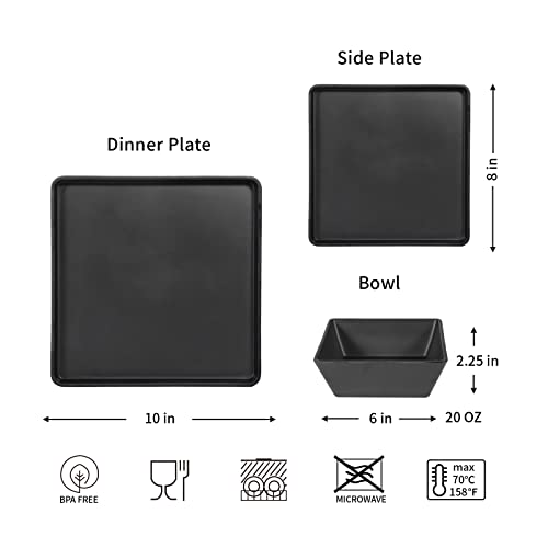 Melamine Dinnerware Sets - 12Pcs Square Plates And Bowls Set, Dishes Set, Black #TOP1