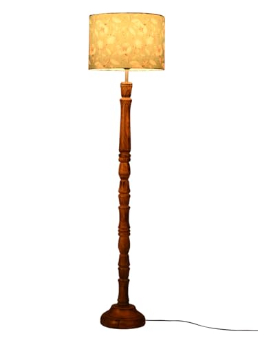 Image of Green Girgit Brown Color Small Wooden Floor Lamp with Blue Flowers Multicolor Lamp Shade, Vintage Floor Lamp with Carved Wooden Stand and Floral Shade, Traditional Standing Light (LED Bulb Included)