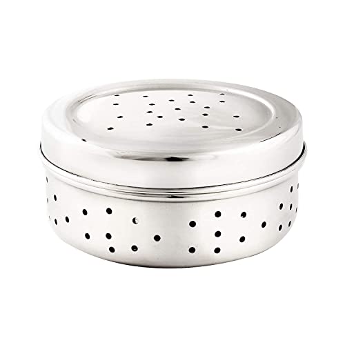 Image of Stainless Steel Green Coriander Storage Box Curry Leaves Box Set, Sprouts with air Ventilation Food containers Silver Dabba Flat Box Steel Dabba (Dhaniya 400 ML)