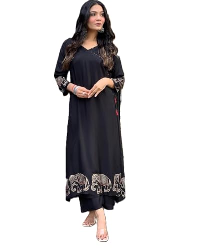 Image of Women's Black Kurti with Palazzo Set, Floral Print, Ethnic Wear, Straight Kurta