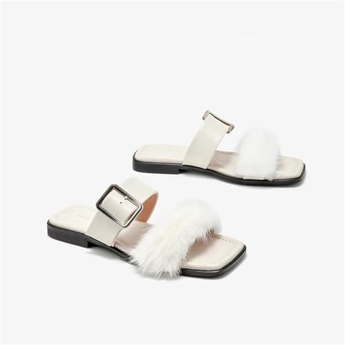 Women's Genuine Leather Mink Fur Slippers - Open Toe Summer Beach Flats2