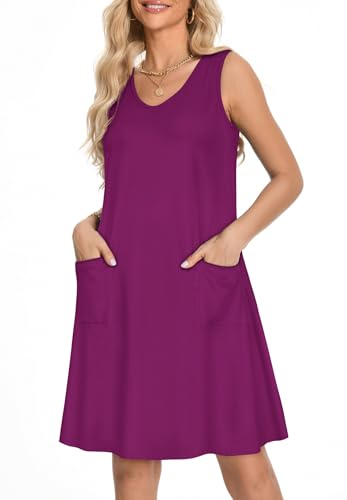 Image of elescat Womens Summer Dresses Casual V Neck Sleeveless Pockets Beach Loose Tank Sundress 2026
