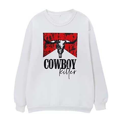 Women's Sweatshirt Cowboy Killer Bull Print Crew Neck Long Sleeve Pullover Fleece Tops, White, XXL Cover