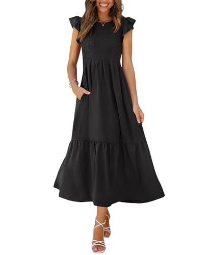 OFEEFAN Women's Casual Dresses Ruffle Sleeve Smocked Maxi Dress Church Dress Black S