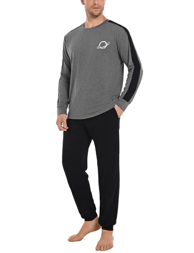 Crewhpo Pijama Hombre Invierno Algodón Conjunto de Pijama Manga Larga Ropa de Dormir 2 Piezas con Largo Camiseta y Pantalones de Pijamas