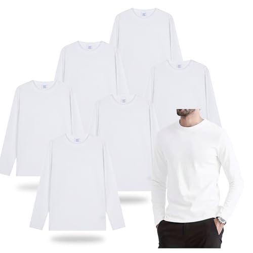 6 Pack Long Sleeve Polyester Adult Tshirts for Sublimation Heat Press White Blank Crew Neck