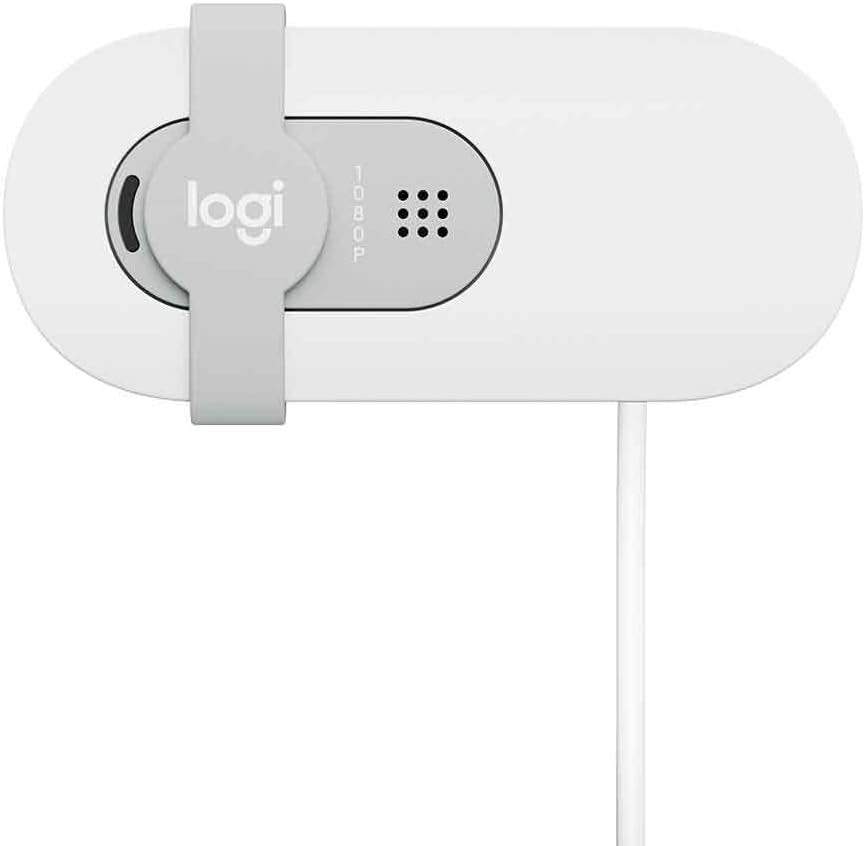 Жогорку view of Logitech Brio 100 webcam showing the privacy shutter mechanism.