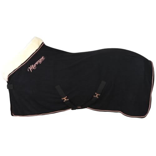 Foto von Marengos - Abschwitzdecke Modern Rosé | Fleecedecke mit Kreuzgurten, Frontverschnallung, Schweifkordel & roségoldenen Verzierungen | atmungsaktive Pferdedecke | Pferde Zubehör in Schwarz | 145 cm