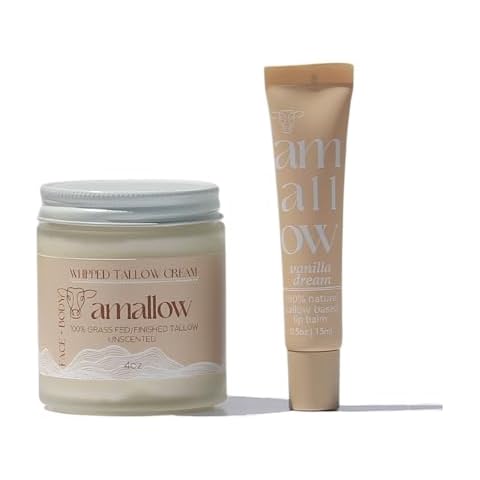 Amallow 100% Grass Fed Beef Tallow Skincare & Lip Balm Set - Whipped Moisturizer for Face & Body (Unscented) + All Natural Tallow Lip Balm (Vanilla Dream) Cover