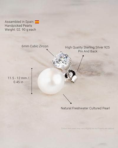 Women Pearl Stud Earrings, Fresh Water Cultured Pearls Button Shape with a Zirconia Stone Secret & You | Sterling Silver 925 Rhodium Plated with big backs or Omega. 5