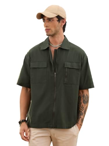 Image of The Souled Store Zipper Shirt: Men and Boys Short Sleeve Spread Collar Zipper Front Solid Textured Regular Fit Casual Easy to Style Everyday Office Wear Cotton Shirt