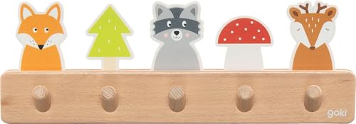 goki 60662 - Garderobe Waldfreunde aus Holz, Kindergarderobe mit 5 Haken, Niedliche Waldmotive Fuchs, Waschbär, REH, Hakenleiste für Kinderzimmer, Fördert Ordnung und Selbstständigkeit, ab 1 Jahr goki 60662 - Garderobe Waldfreunde aus Holz, Kindergarderobe mit 5 Haken, Niedliche Waldmotive Fuchs, Waschbär, REH, Hakenleiste für Kinderzimmer, Fördert Ordnung und Selbstständigkeit, ab 1 Jahr