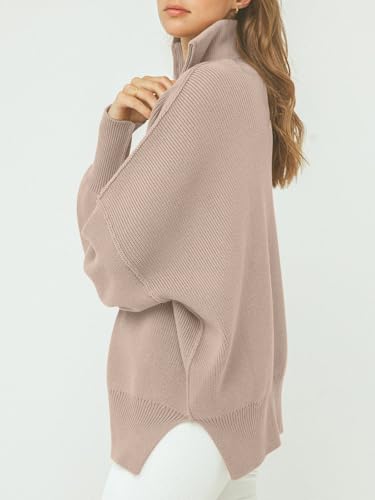Image of ANRABESS Womens Oversized Quarter Zip Pullover Sweaters | Fall Fashion Outfits, Long Sleeve Slit Side, Baggy Loose Fit, 1 /4 Zip Lapel Collared, Ribbed Knit Soft Warm Winter Clothing