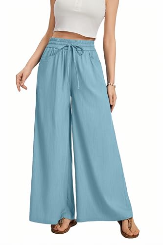 Image of KICZOY Women Flowy Pants Drawstring Waist Wide Leg Palazzo Beach Pants Loose Fit with Pockets
