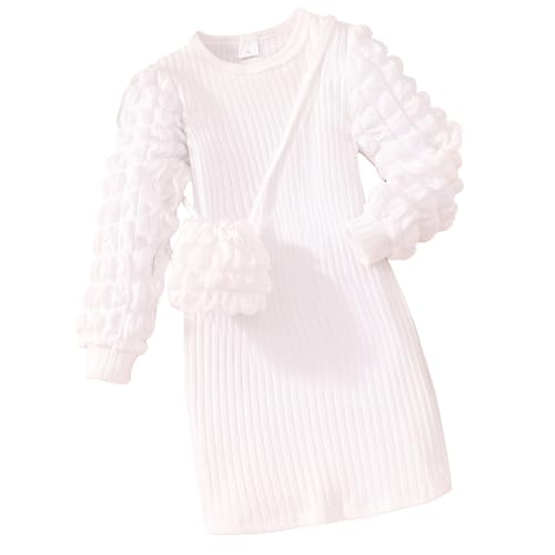 JiAmy Vestito da Bambina a Sbuffo Maniche Lunghe A-Line Abito da Elegante Autunno Inverno Vestito con Tasca Vestiti Casual per Ragazze Bambini 6 Anni Bianco