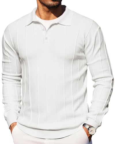 Mens Knit Polo Shirts Long Sleeve Casual Business Collared Ribbed Textured Golf Activewear Polo Shirts