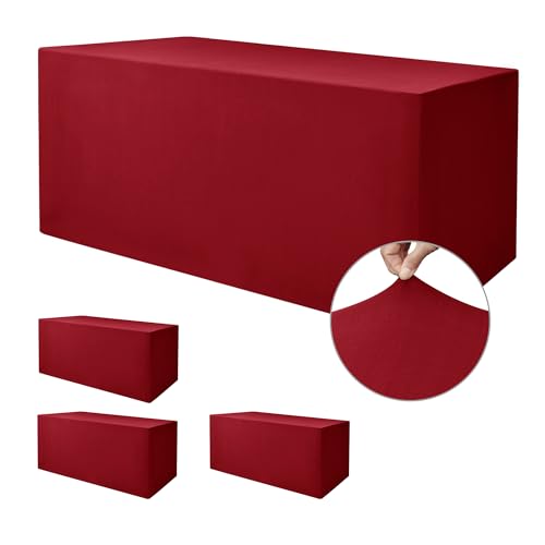 Image of Rectangle Spandex Fitted Tablecloths For Vendor Booths 4 Pcs 72X30 Inch Red | Wrinkle Resistant Fitted Tablecloths for 6 Foot Folding Table, Vendor Booths, Parties, Craft Show, Trade Show,30x72 Inch