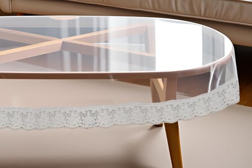 Image of The Furnishing Tree Oval Shaped Transparent Center Table Cover WxL 45x70 inches 0.25 mm Thickness with White Lace