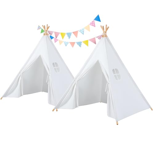 2 Pack Teepee Tent for Kids, Indoor Toddler Sleepover Play Tent with Star Lights & Colored Flags, Washable & Foldable Slumber Party Tent for Girls & Boys, White