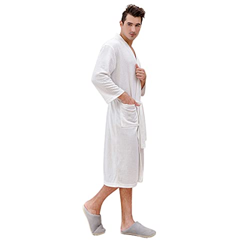 Albornoz para hombre, ligero y fino, de algodón, mullido, moderno, de pique, para sauna, camisón unisex con cinturón, ligero, tiempo libre, albornoz de viaje, albornoz, Blanco, XL