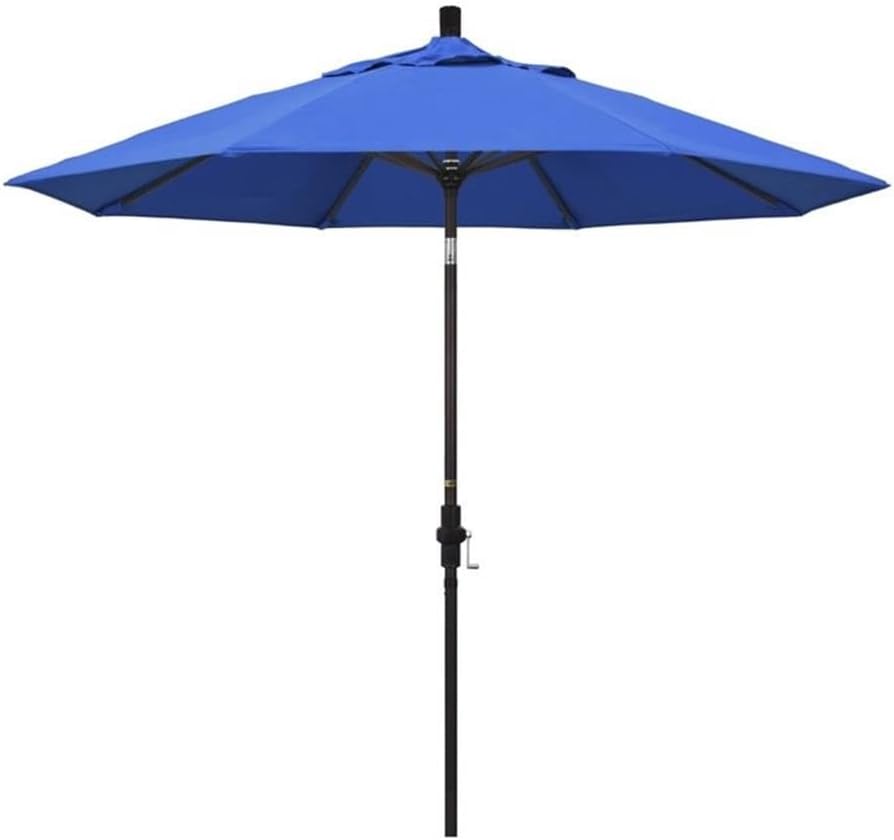 Pemberly Row 9 ft Patio Umbrella, Royal Blue Olefin Fabric, Bronze Aluminum Frame, Collar Tilt Design, Crank-to-Open Feature, Durable Outdoor Shade for Patio, Backyard, or Garden