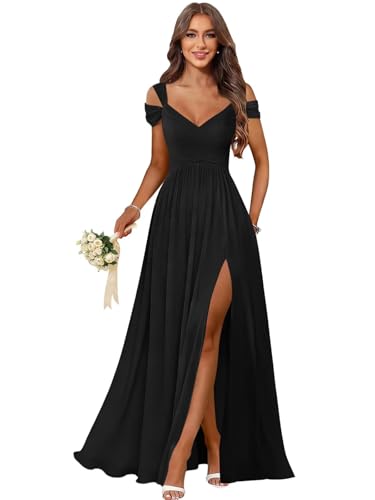 Egorfic Chiffon Long Bridesmaid Dresses with Slit Cold Shoulder Ruched