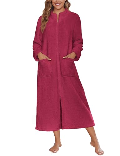 Image of Ekouaer Women Zipper Robe Fleece Long Sleeves Bathrobe Sleepwear Warm Soft Housecoat with Pockets Zip Up House Dresses