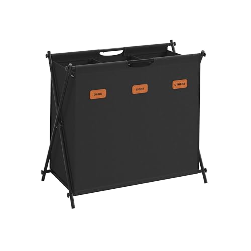 SONGMICS Cesto Ropa Sucia, Cesta para Colada, Clasificador de Ropa de 135 L, 3 Secciones, Marco en X Plegable, con Etiquetas Personalizables, Cuarto de Lavado, Dormitorio, Baño, Negro Tinta LCB130B01