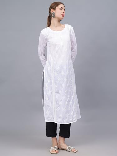 Image of Seva Chikan Hand Embroidered Lucknowi Chikankari Cotton Straight Kurta for Women SCL4567