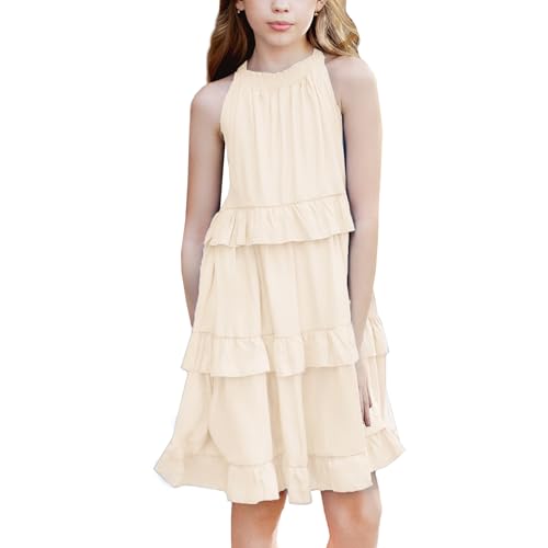 Simplee kids Girls Dresses Sleeveless Linen Teen Dresses Casual Summer Dress Apricot 12-13 Years