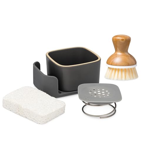 Image of Full Circle Bubble Up Combo - Family Safe, Formaldehyde-Free - Gray Ceramic Soap Dish with Plant-Based Sponge & Bamboo Dish Brush - Versatile Kitchen Scrub Brush Set for Pots, Pans, Counter & Ovens