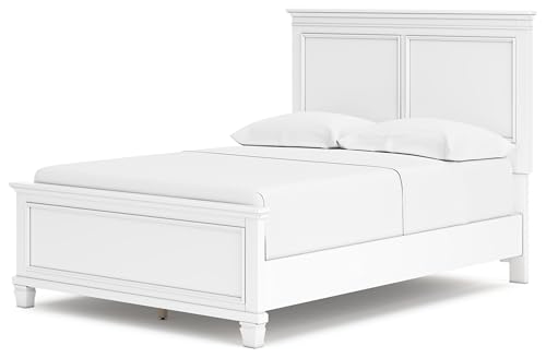 Image of Signature Design by Ashley Bed Frame, Full Panel White Transitional | Hardwood solids and MDF substrate, White panel framing, Compatible with adjustable base, Fortman Series